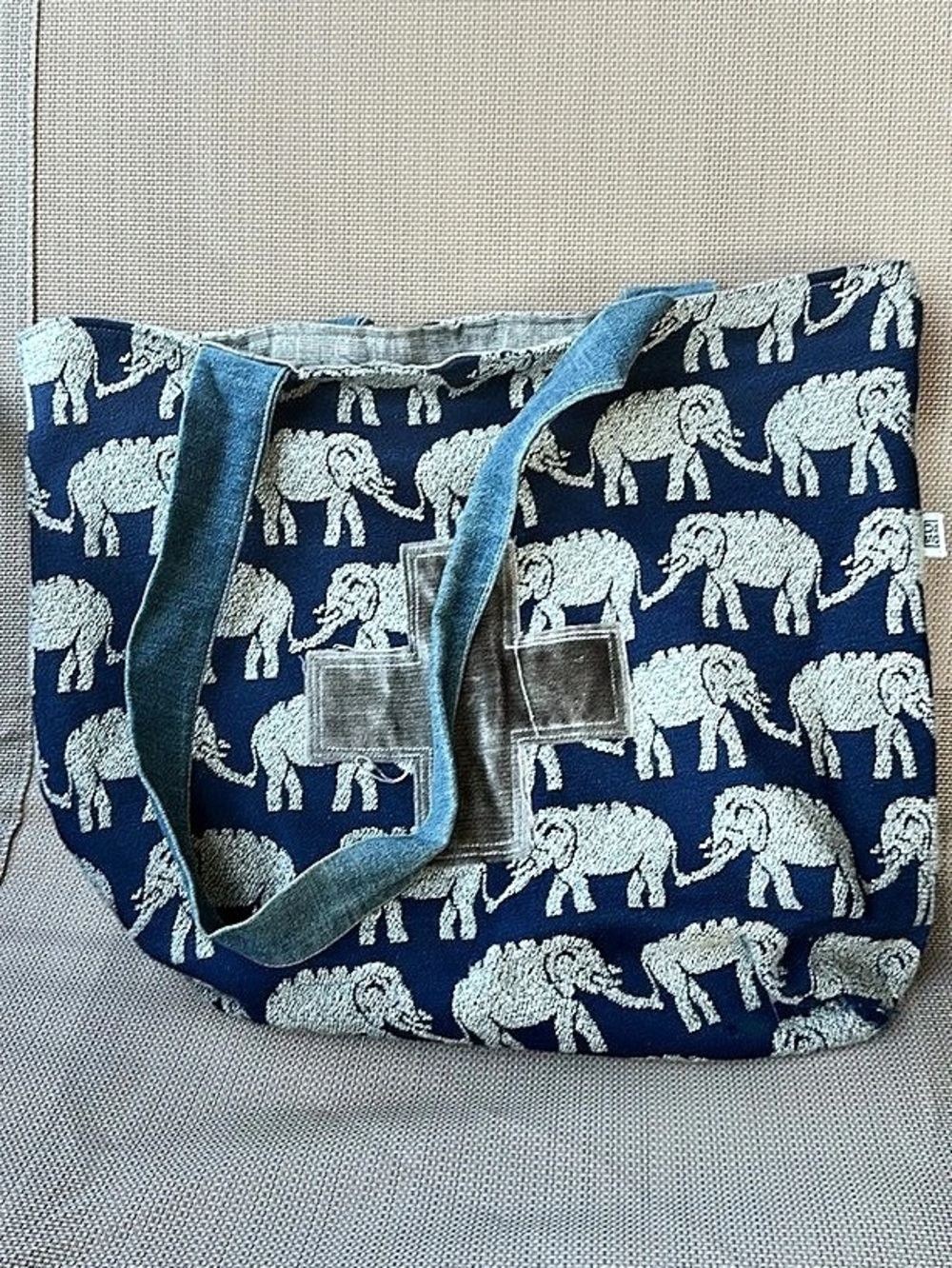 Elephant Motif Denim Canvas Tote Bag Blue & White